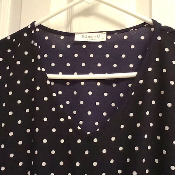 ⭐️5/$25 SALE Women's Miss U Navy Blue and White Polka Dot Layered Dress Size L - Picture 7 of 8